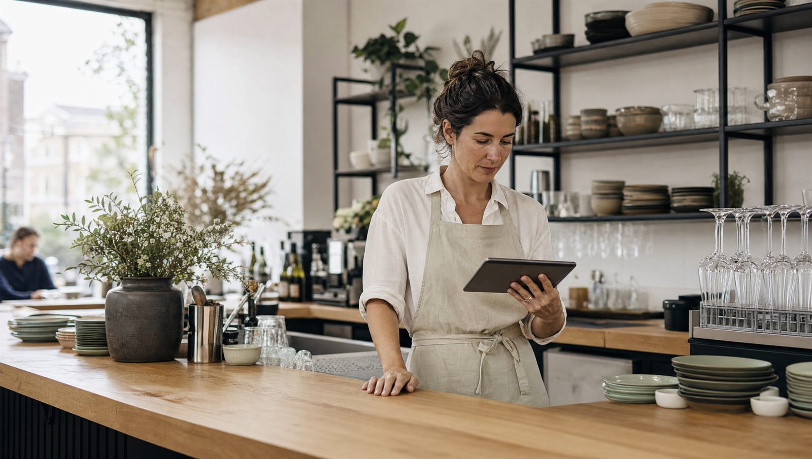 Owner of a bistro checking a tablet behind the counter