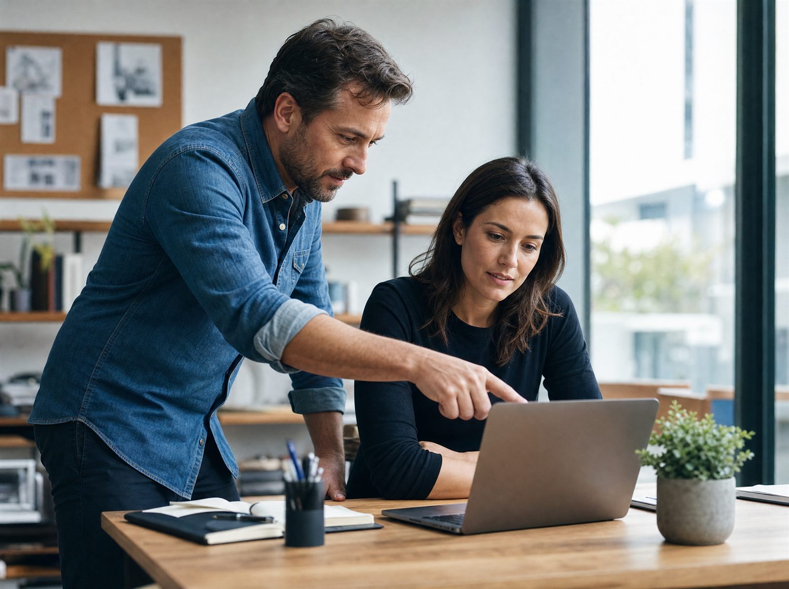 Two colleagues looking at a screen together at a desk in a bright office