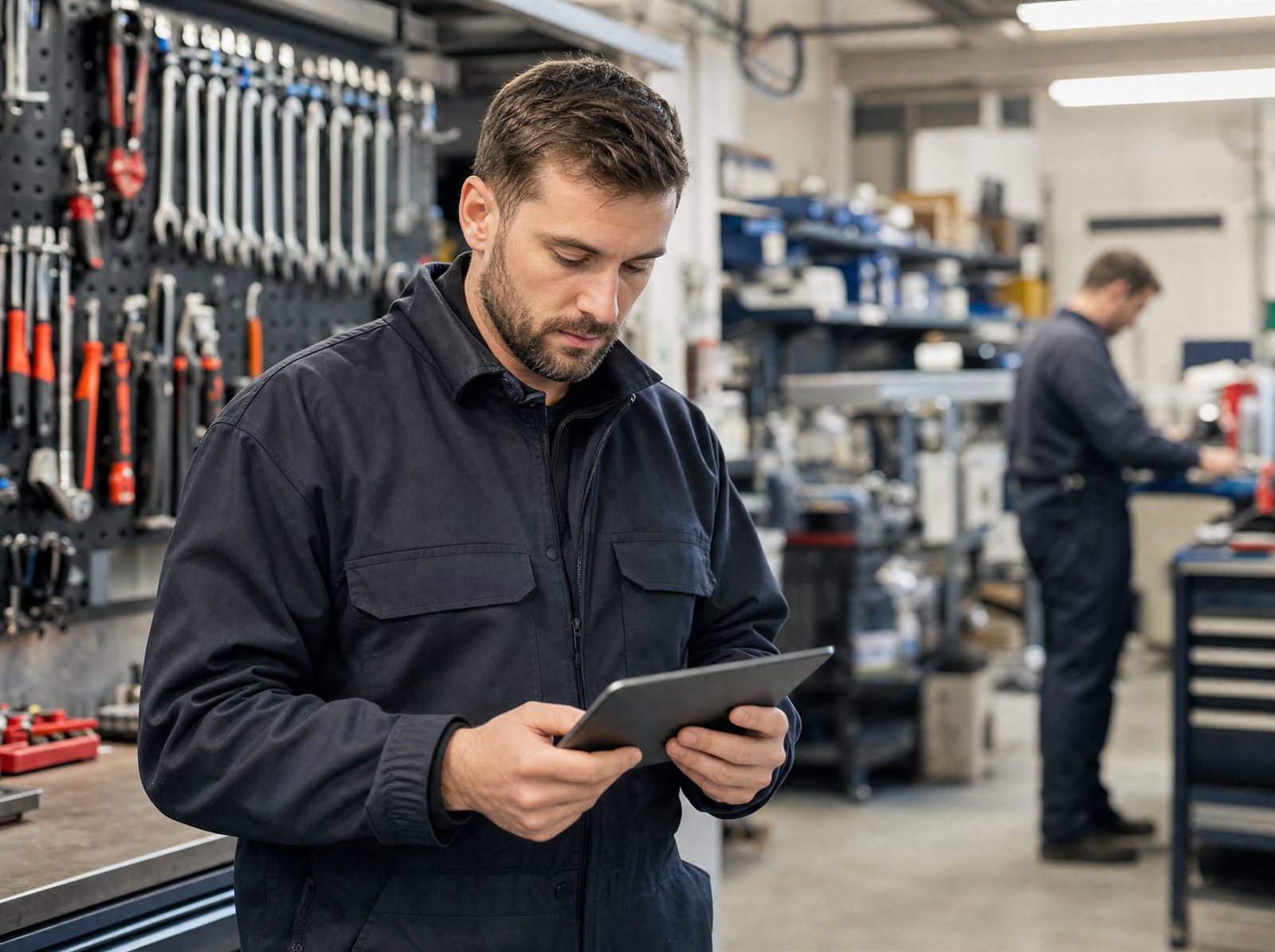 Technician with a tablet in a workshop